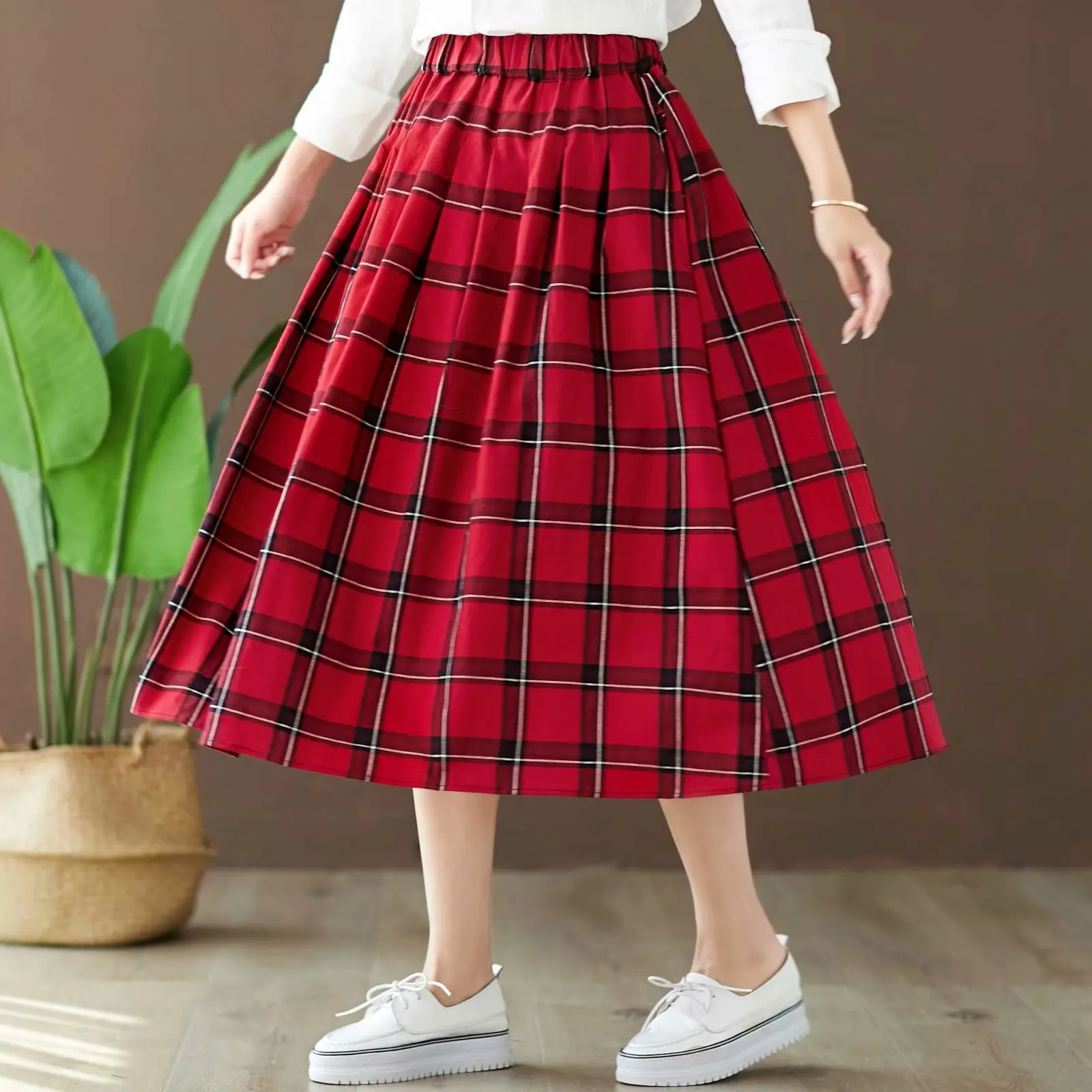 

Literature And Art Washing Cotton Linen Plaid Skirt Autumn New Style Versatile Elastic Waist Pocket A- line Mid-length Skirt S80