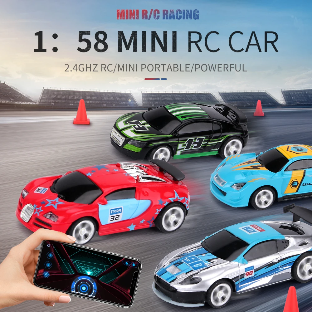 1 58 Remote Control MINI RC Car Battery Operated Racing Car PVC Cans Pack Machine Drift Buggy Bluetooth radio Controlled Toy Kid