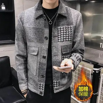 

2020 abrigos de mezcla de lana de invierno para hombres, chaqueta ajustada corta a cuadros, abrigo Casual,cazadora de moda,