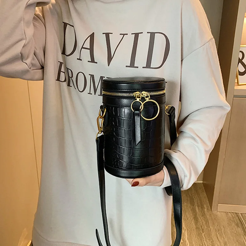 

Fashion Pattern Cylindrical Female Bucket Bag Women Crocodile Print Shoulder Messenger Bags Luxury Brand Designer Female Handbag