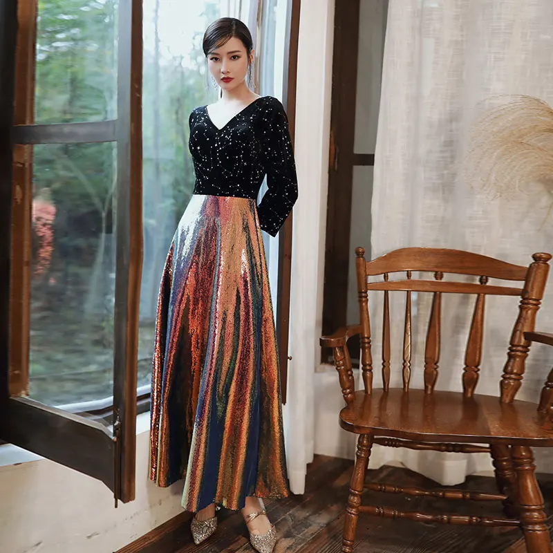 アウトレット特価 女性のためのホログラムグリッターパーティー結婚式の足首の長さのドレスエンパイアウエストとブラックのセーター 新入荷特価 Adnap Gov Mz
