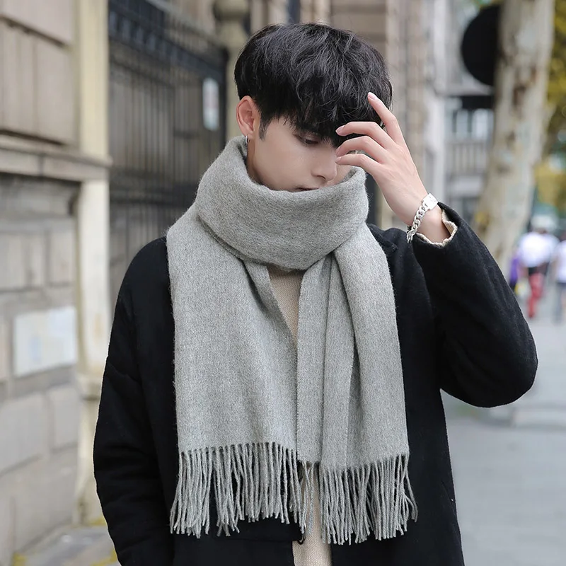 Man's Winter 100% Wool Scarf Cashmere Luxury Wool Thicken Solid Warm Shawls and Wraps for Men Pashmina Muffler Pure Wool Scarves men scarf style Scarves
