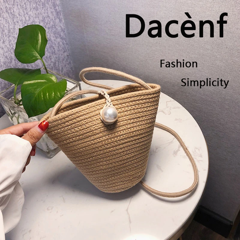 

Women Bag Shoulder Retro Pearl Hand-Woven Straw Bag Summer Travel Bucket Simple Fashion Popular Shoulder Bag Messenger Bag