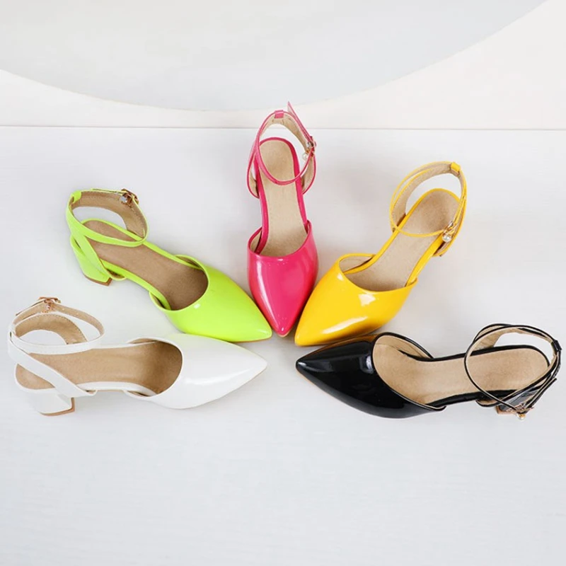 New Thick Heel Candy Color Buckle Pointed Toe Sandals For Women
