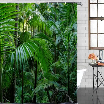 

Green Forest Trees Leaves Plant Bathroom Shower Curtains Bathroom Decor with Hooks Waterproof