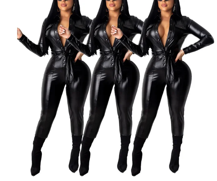 

Sexy PU leather jumpsuit for women tight bodysuit with turtleneck jumpsuits 2020 black belts Halloween overalls