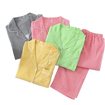 

Men And Women Spring New Couples Simple Style Plaid Pajamas Set Lovers Gauze Cotton Turn-Down Collar Clothes+Pants Homewear