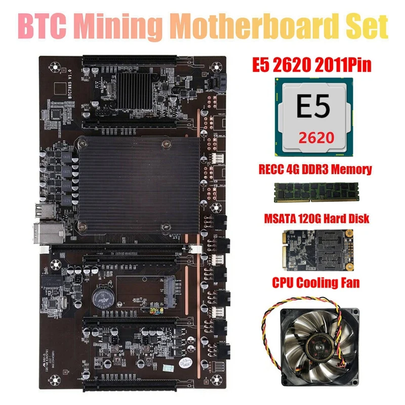 X79 H61 BTC Mining Motherboard 5X PCI-E Support 3060 3070 3080 GPU with E5 2620 CPU RECC 4GB DDR3 Memory 120G SSD+Fan | Компьютеры и