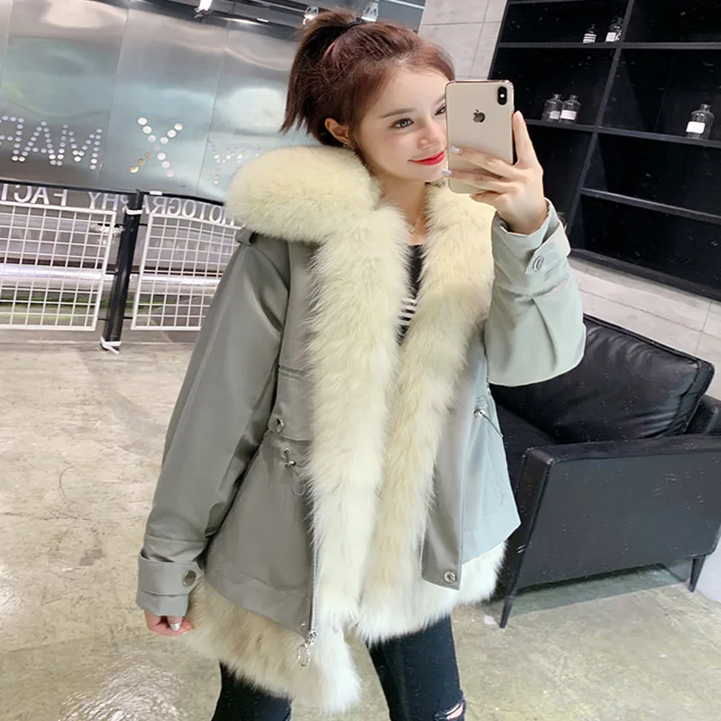 

thick warm fashion real fur coat rex rabbit fur liner imported fox fur collar famale short jacket 2019 winter new parka