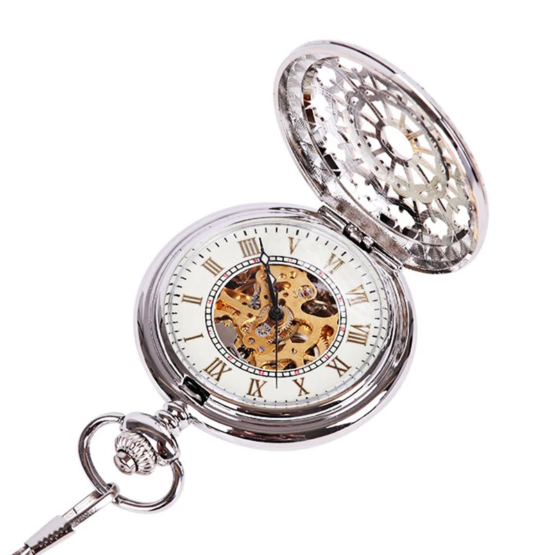Silver Pocket Watch Rome Hollow Golden Dial Pendant Watch Mechanical Classic Hand Wind Fob Quality Fashion Gift