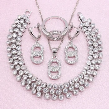 

Women Silver Color Jewelry Sets Exquisite White Crystal Earring Bracelet Pendant Necklace Ring Christmas Gift Wedding Jewelry