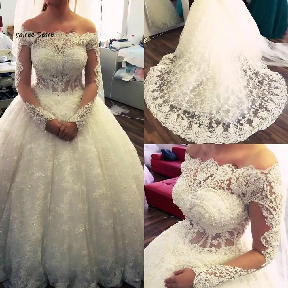 Настоящее бальное платье принцессы, свадебное платье-бохо, длинные рукава, кружевные свадебные платья в стиле кантри, с жемчугом, с бусинами, вырез лодочкой, кружево, suknia slubna