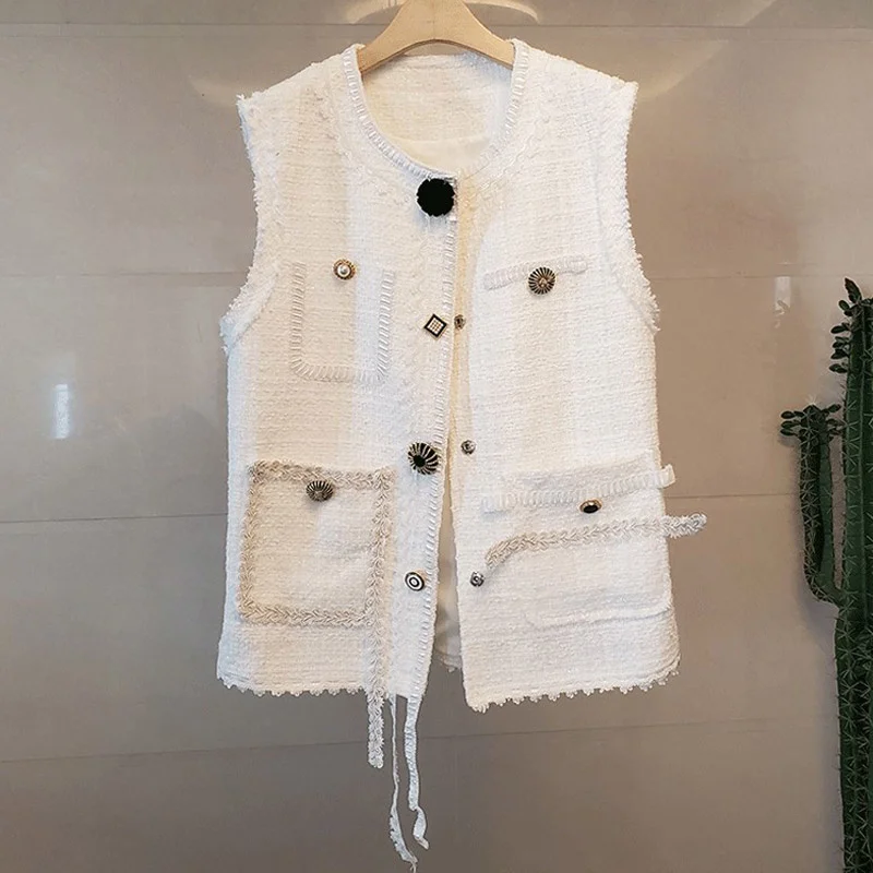 

Женский твидовый жилет с круглым вырезом, однобортный Свободный жилет без рукавов, в британском стиле, весна-осень