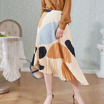 

2020 New Women's Pleated Skirt High Waist Spring Summer Colorful Print Patchwork Irregular Office Lady Midi Skirts
