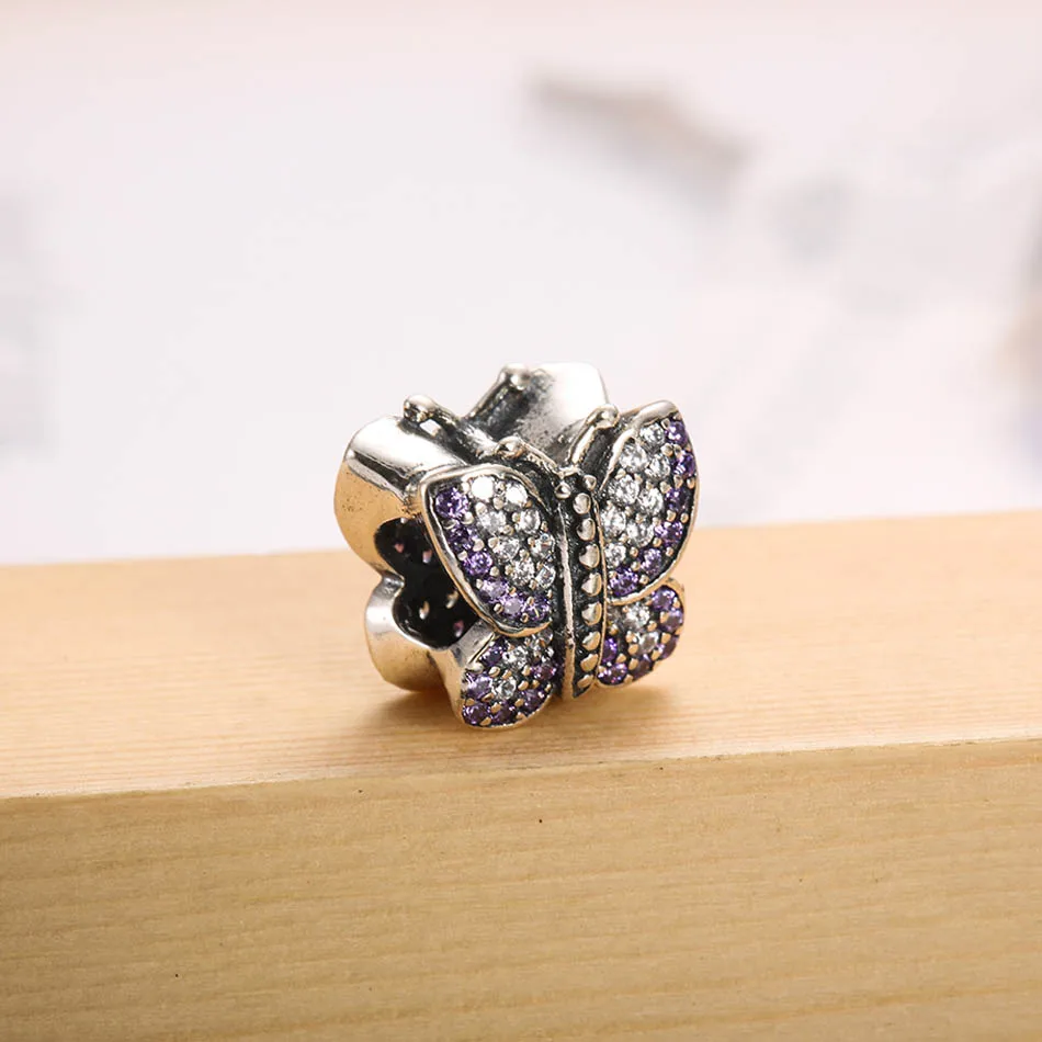 Бабочка Шарм фиолетовый и прозрачный CZ fit Pandora браслет подлинный 925 пробы серебро DIY ювелирные изделия