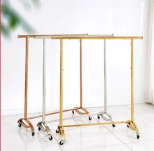 

Clothing store display rack clothes hanger with wheel rack golden mobile clothing gantry folding telescopic side hanger