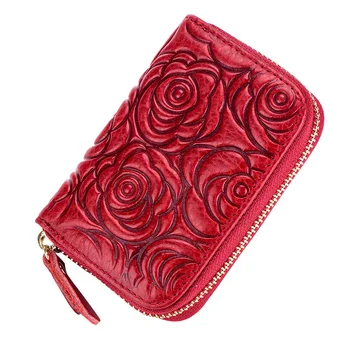 

Genuine Leather Women Card Holder Wallets High Quality Female Rfid Security Credit Card Holders Women Pillow Roses Flower Purses