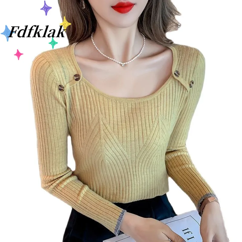 

Fdfklak Long-Sleeved Sweater Women Thin Section Autumn New Slim Square Collar Top Base Sweater Apricot Pullover Pull Femme