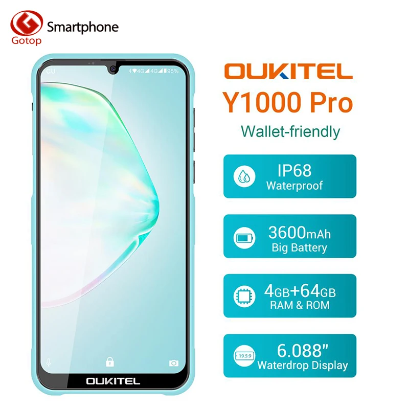 OUKITEL Y1000 Pro, 4 ГБ, 64 ГБ, восьмиядерный смартфон MTK6763, 3600 мАч, Android 9,0, 6,088 дюйма, две sim-карты, двойной режим ожидания, отпечаток пальца, мобильный телефон