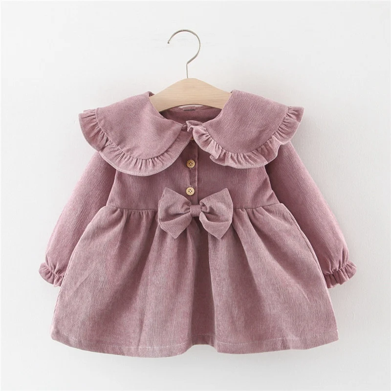 Осенняя одежда в стиле принцессы вельветовое платье Vestidos для новорожденных девочек детская одежда с бантом, для куклы воротник Платья для праздников и дней рождения S9562 - Цвет: Purple