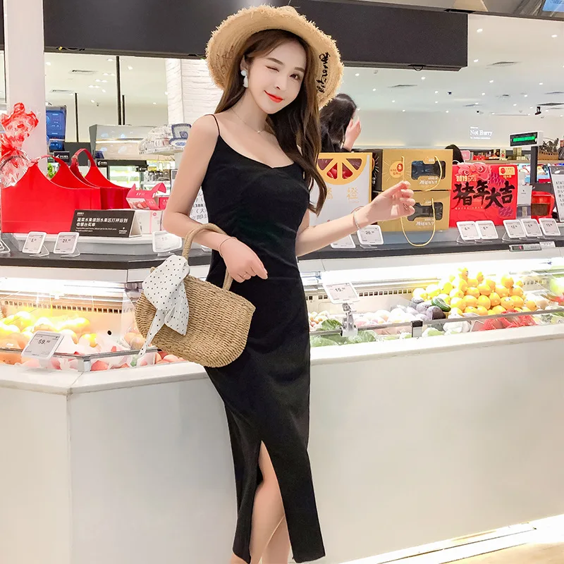 

0 Gentle Wind Black Dress Black V-neck Strapped Dress Women's Summer New Style Sexy Normcore Style Dress