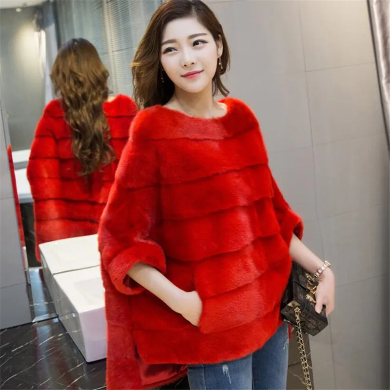 Женское пончо из натурального меха норки, пальто, куртка, роскошная женская шуба с коротким рукавом из натурального меха, универсальный пуловер - Цвет: Красный