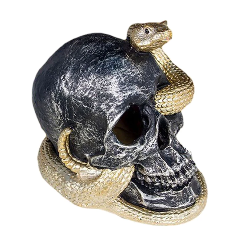 

Horror Skeleton Snake Habitat Skull Figurine Statue Sculpture Gothic Halloween Party Decoration with LED Lights Operated Ornamen