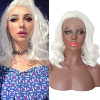 

Charisma Wavy Bob White Lace Front Wigs For Black Women Cosplay Costume Party Synthetic Wig Half HandTied African Hair Side Part