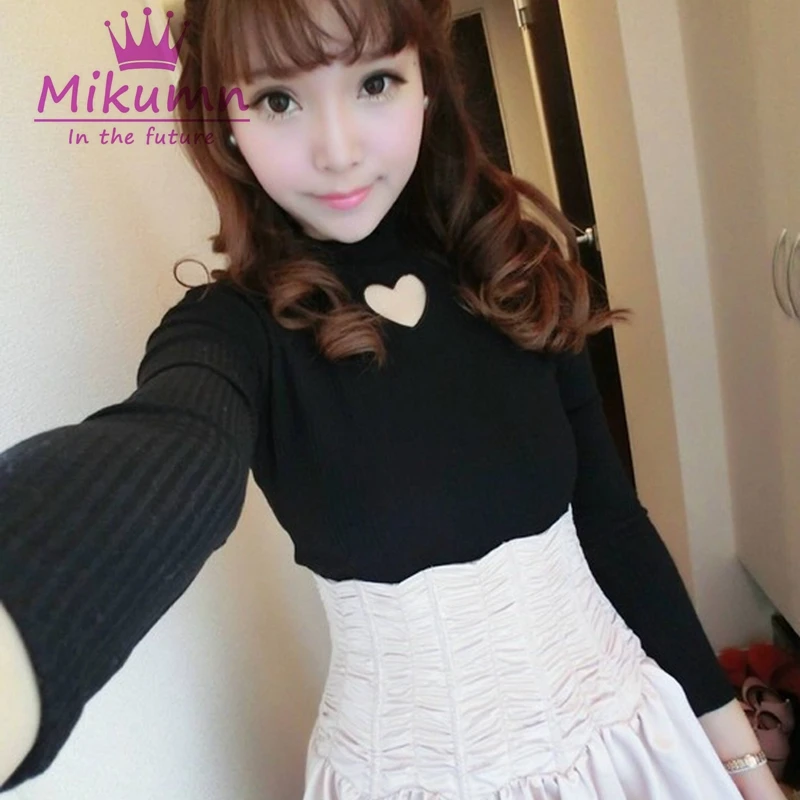 

Punk Gothic Women Autumn White Black Love Heart Hollow out Sexy Slim Bottoming Shirt Female Knitwear Tops