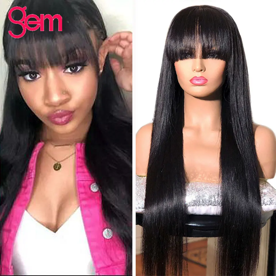

Straight Human Hair Wigs With Bangs 28 Inch Wig GEM Remy Hair Brazilian Full Machine Made Wig for Black Women