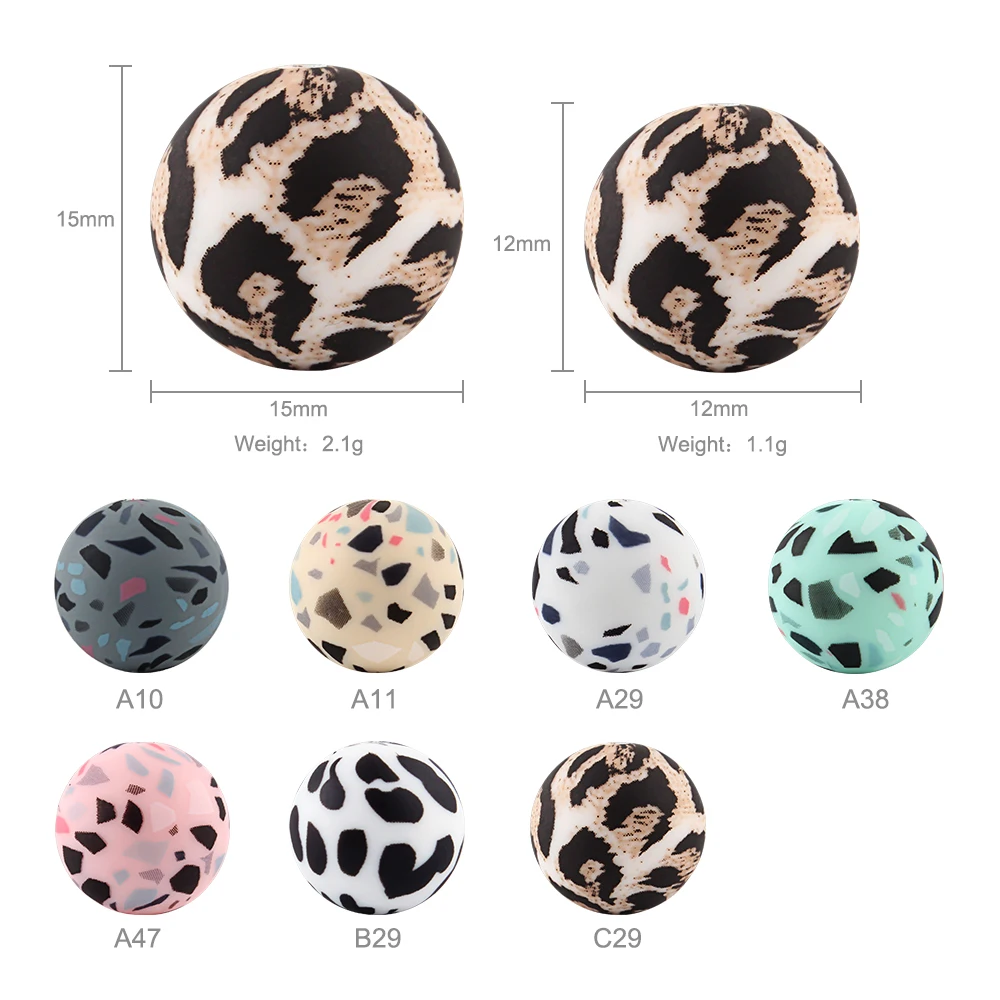 20pcs 12mm Silicone Beads Terrazzo Leopard Print Round Ball Pearl DIY Chewable Baby Safe Teether Toys Baby Teething Beads