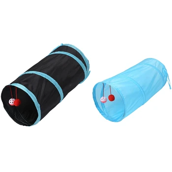 

2 Pcs Pet Cat Tunnel 2 Holes Play Tubes Balls Collapsible Crinkle Kitten Toys Puppy-Black & Light Blue