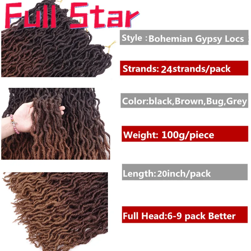 Full Star Ombre Gypsy Faux Locs Curly Crochet Braids Synthetic Braiding Hair Black Brown Crochet Hair Extensions 20" for Women