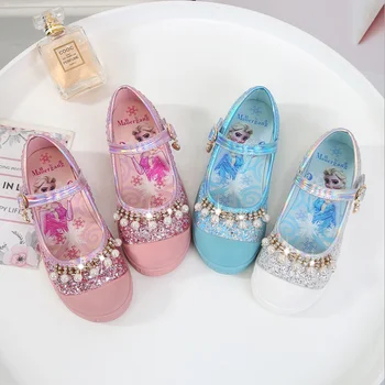 

Newest Children shoes Gifts for Girls Princess single shoes Lace Cartoon elsa flat shoes Soft botoom PU leather dance shoes
