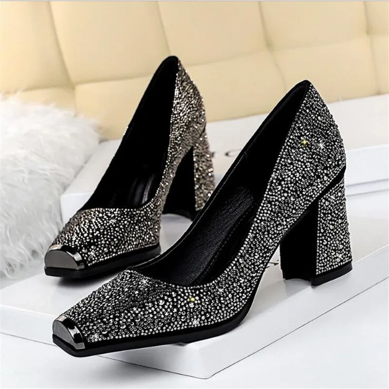 

European and American style sexy banquet high heels thick heel high heel metal square head shine rhinestone women's single shoes