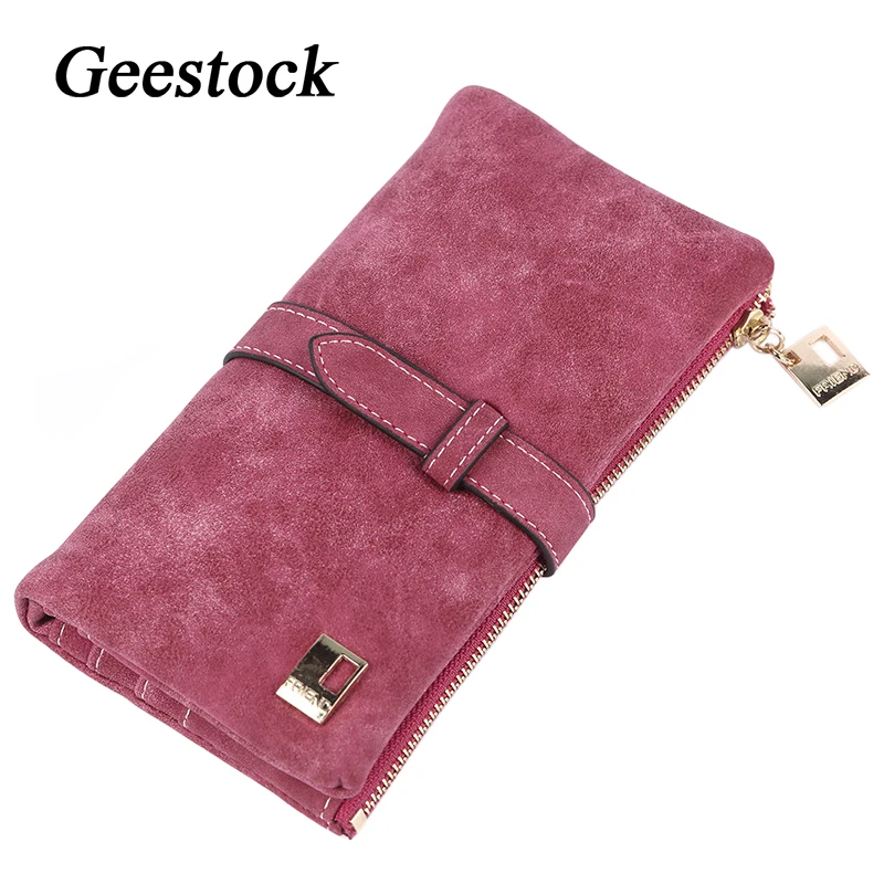 Long Purse Women Wallets Suede Zipper Nubuck Two-Fold Drawstring Geestock