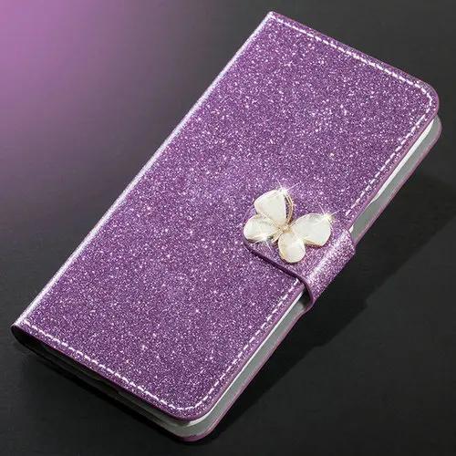 Чехол для Huawei Honor 7 8 9 10 Lite 10i 20i v10 книга флип для женщин Девушка блестящая кожа кожаный чехол-футляр с бабочкой - Цвет: Purple butterfly