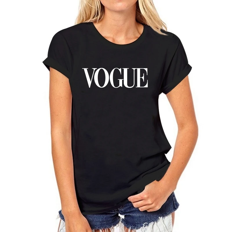 Новинка, летние футболки, женские футболки, женские топы для девочек, футболки, облегающие Женские футболки с фламинго и надписью, белые, черные, с коротким рукавом - Цвет: VOG-BLACK