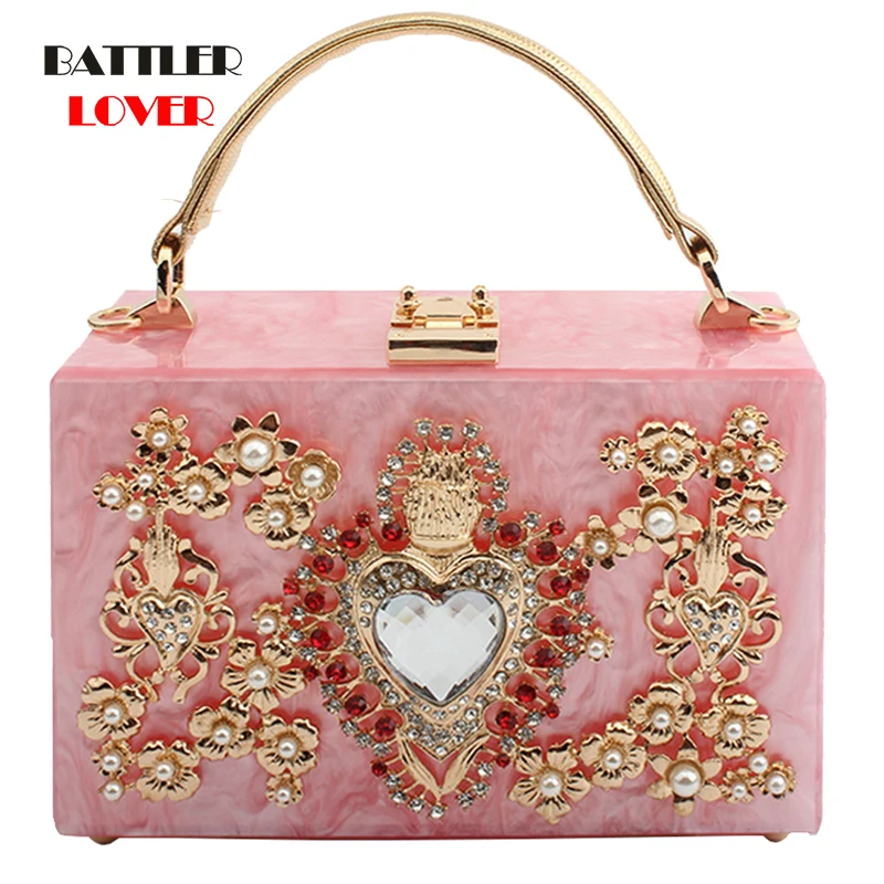Luxury Acrylic Box Evening Clutch Bags Women Diamond Handbag for Female Shoulder Bag Dinner Pearl Heart-shaped Purse