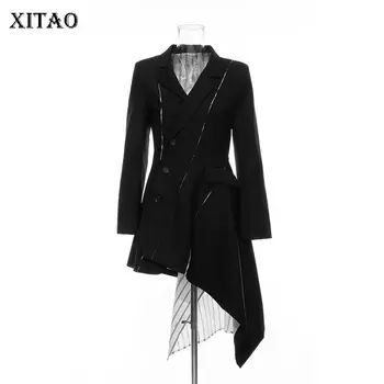 

XITAO Waist Vintage Slim Midi Dress Women High Waist 2019 Autumn Notched Collar Striped Irregular Patchwork New Dress GCC1416