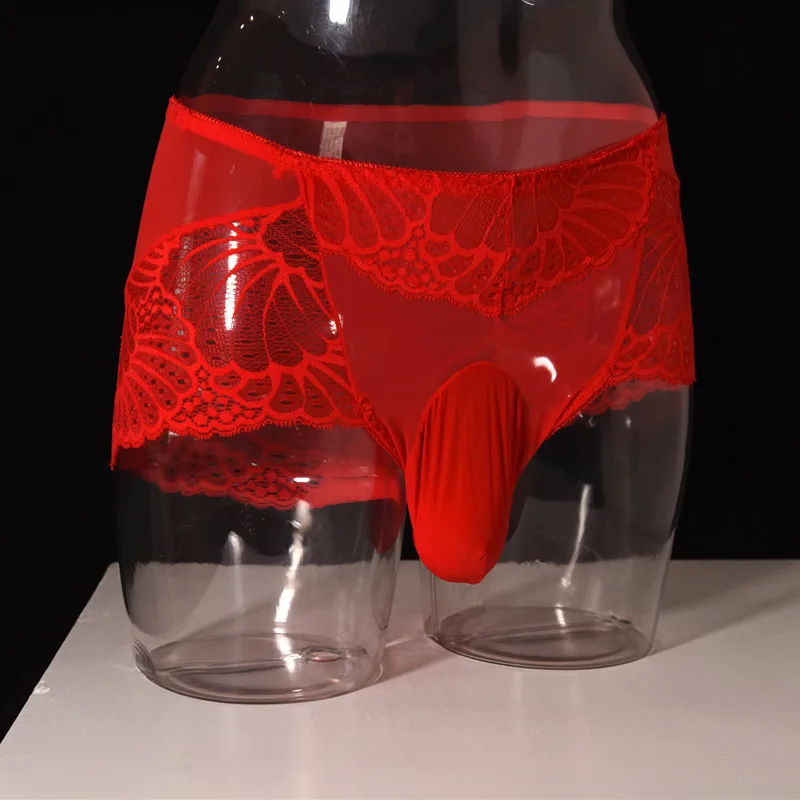 Sexy Lace Panties Sissy Lingerie Porno Underwear Fetish U Convex Pouch Erotic Transparent Mens Panties CockRing Boxer Plus Size
