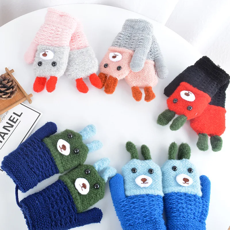 

New Winter Kids Gloves Fingerless Cartoon Rabbit Knitted Gloves Hanging Warm Mittens Boys Girls Children Gloves 3-6 Years Old