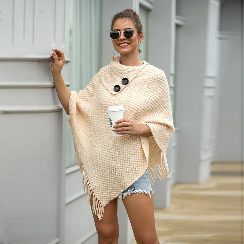 

Women's Sweater Knitted Pullover Sweaters Female Sleeve Fringed Cloak Shawl Button Half Open Collar Solid Color Sweater Women