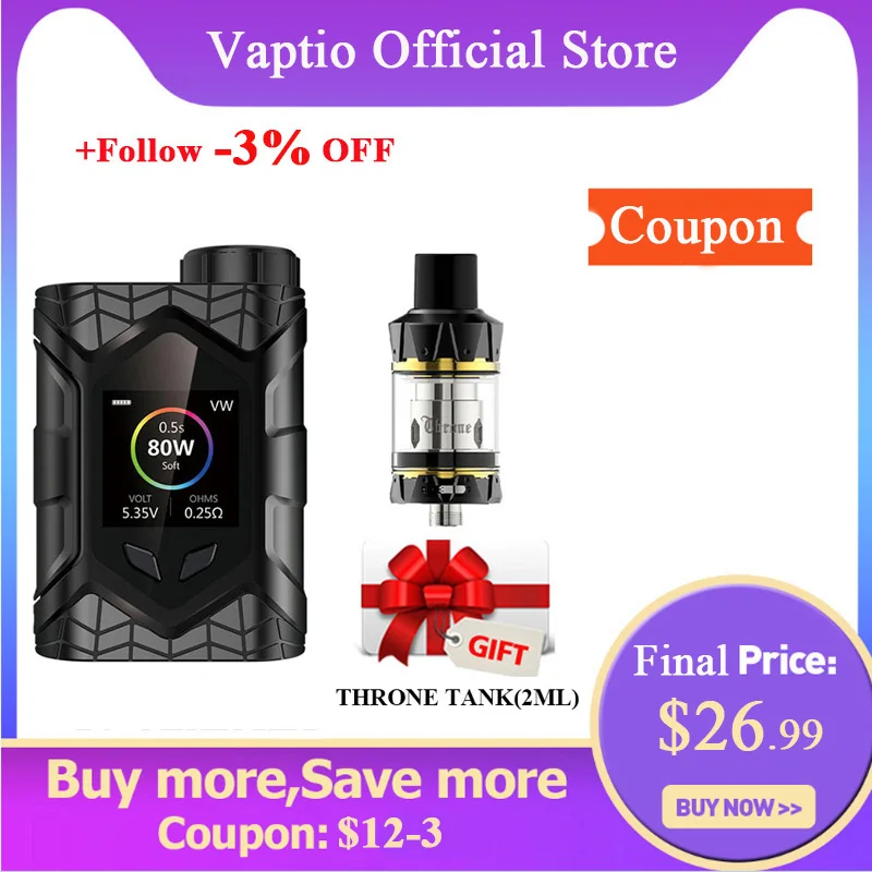 

Gift Tank Original Vaptio Wall Crawler Mod with Throne Tank 2ml Atomizer&80W Power Output & 0.25ohm/1.2ohm Coil E-cig Vape kit