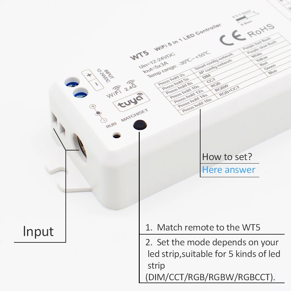 RGBW RGB CCT Controller Tuya Smart Life Wifi Dimmer 12V 24V 2.4G RF Wireless 5in1 RGBCCT LED Strip Light Remote Controler WT5