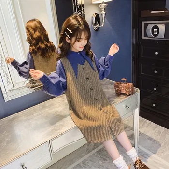 

New 2020 Kids Spring Clothing Sets Teenage Girls 2 Pieces Plaid Sleeveless Long Vest Dresses & Blue Shirts Blouses Clothes Sets