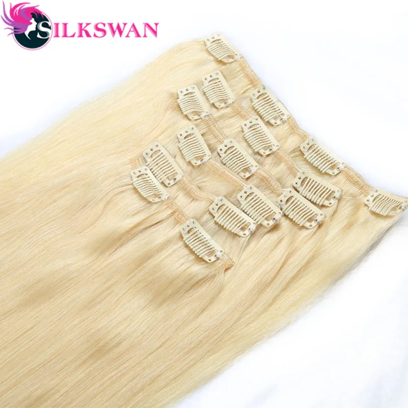 Silkswan волосы бразильские средний коэффициент Рэми прямые волосы на заколках для наращивания, Пряди человеческих волос для наращивания#613 8 шт./компл. для наращивания на всю голову комплекты 100 г