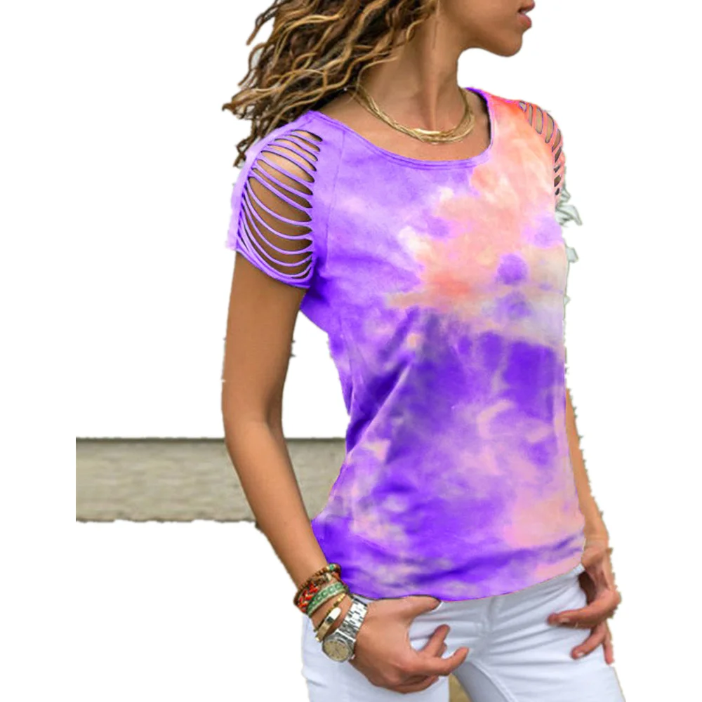 Футболка женская с коротким рукавом и открытыми плечами модный рваный топ