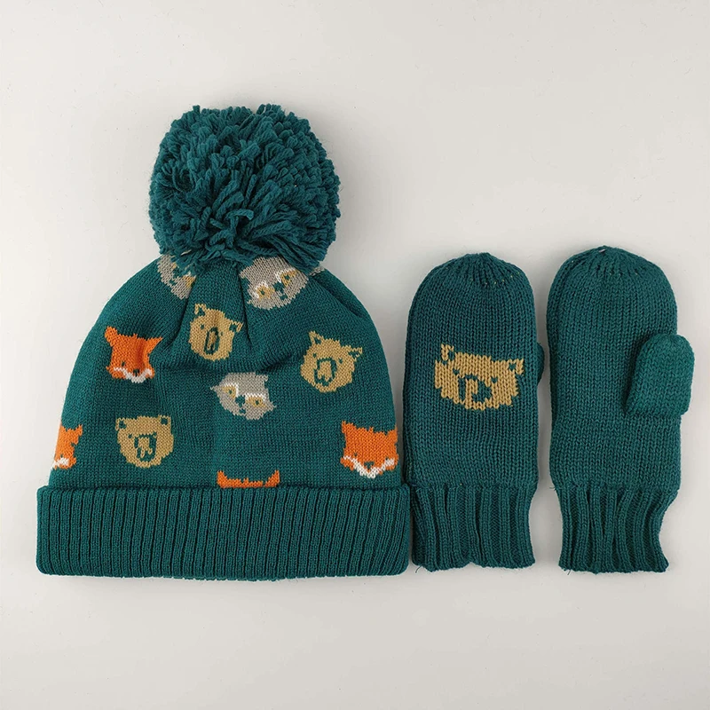 

Hat Gloves Set Winter Kids Boy Girl Beanie Mittens Acrylic Knit Pompom Animal Bear Autumn Warm Skiing Outdoor Baby Accessory