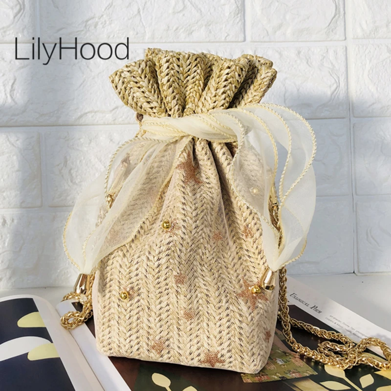 Girly Straw&amp Organza Bucket Bag Teenager Sweet Cute Small Messenger Women Korean Style Fashion Summer Chain Crossbody | Багаж и сумки